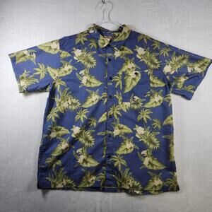 Haband Style 145 XL Hawaiian Shirt Blue Green Palm‎ Leaf Floral Aloha Rayon